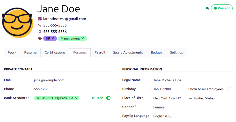Where bank account information is located on the employee profile.