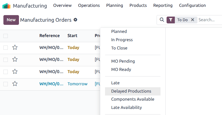 The delayed production filter in Odoo.