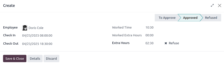 An Attendances app record form, filled out for Doris Cole for April 23, 2025.