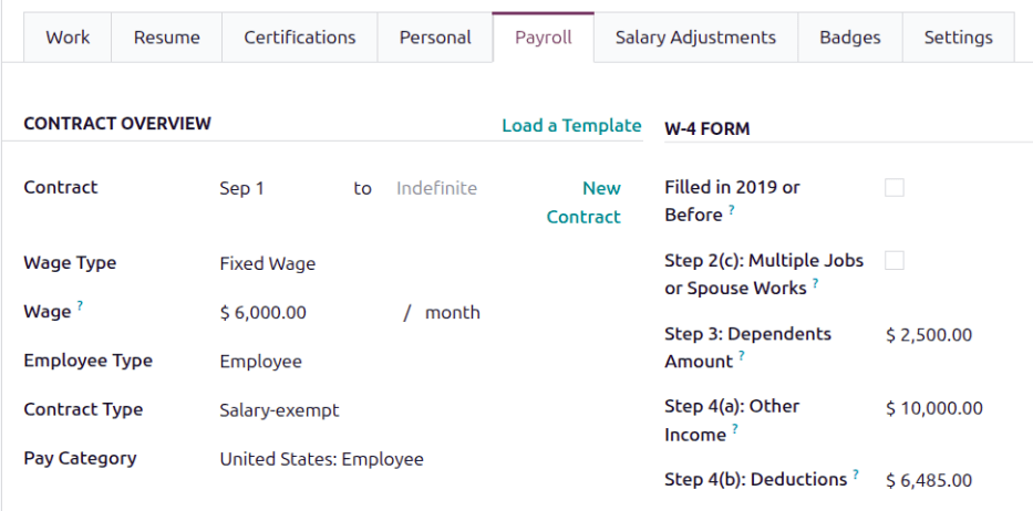 The contract overview section of the employee form of the payroll tab.