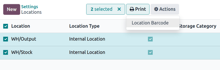 Multiple storage locations selected with 'Print' button at the top of the view.