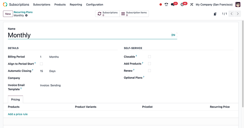 A blank recurring plan form in the Odoo Subscriptions application.