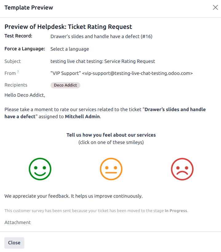 A preview of the ticket rating request template in Helpdesk.