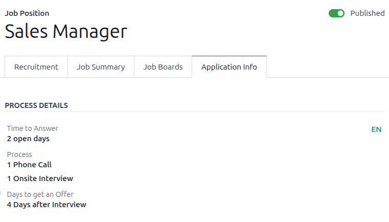 在招聘选项卡中输入职位信息详情。