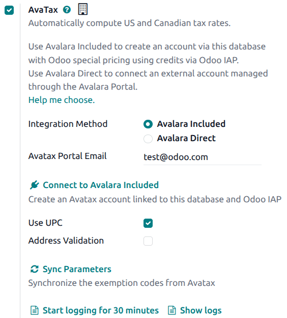 Odoo 会计应用中的 AvaTax 设置。