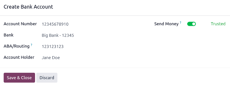 填好所有信息的“创建银行账户”表格。
