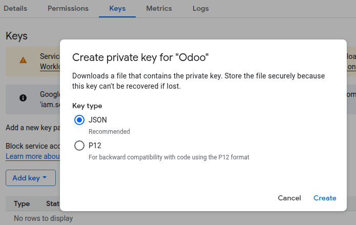 创建 Google Cloud 服务账户的 JSON 密钥