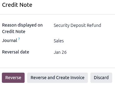 贷记单弹出窗口，其“原因”字段中已输入 Security Deposit Refund。