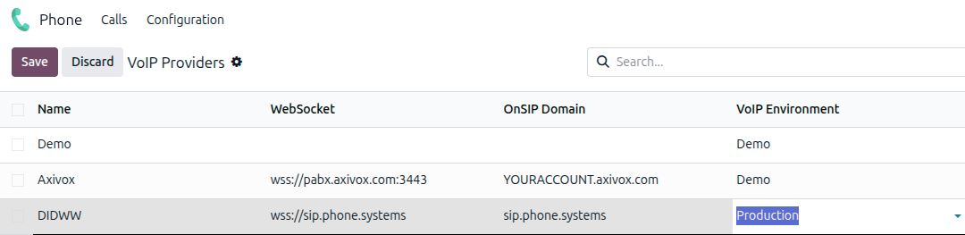 DIDWW 在 *Odoo 电话* 应用中的配置设置。