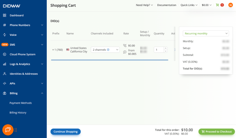 DIDWW 中的购买仪表板。