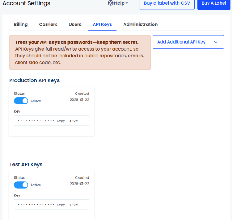 在 EasyPost API 密钥页面上创建 API 密钥。