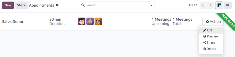 预约类型记录上的编辑按钮。