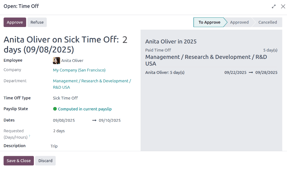 详细的休假请求信息。