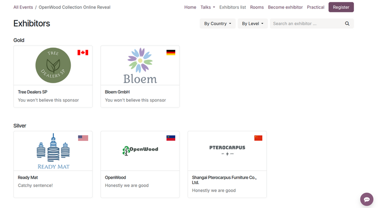 Odoo 活动应用网站上的活动参展商。