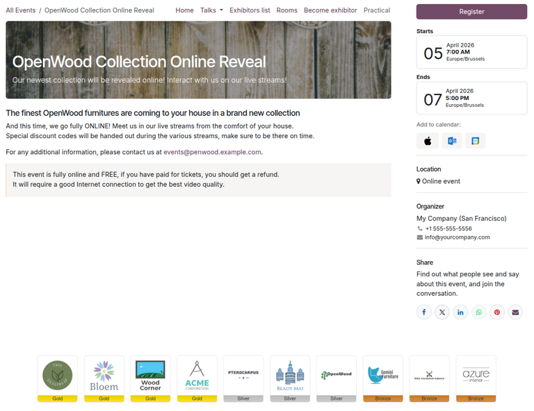 Odoo 活动应用页脚中的活动赞助商徽标。