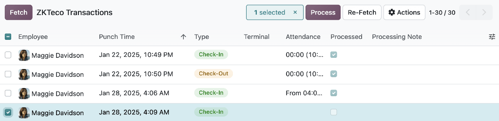 1 月 28 日出现错误的 BioTime 签入记录。