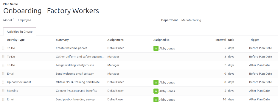为工厂工人配置的入职计划。