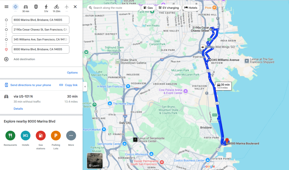 显示 Google 地图路线。