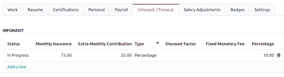 为员工填写的 INFONAVIT 部分。