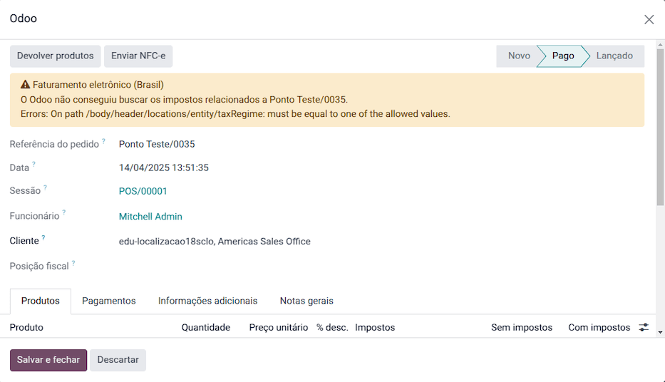 销售点订单视图表单。