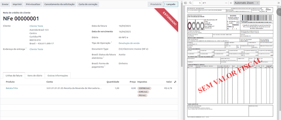 货物退货 NF-e 已批准。