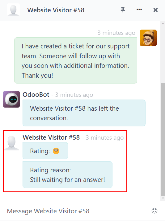 从操作员窗口查看聊天窗口,突出显示 Odoo 实时聊天的评分。