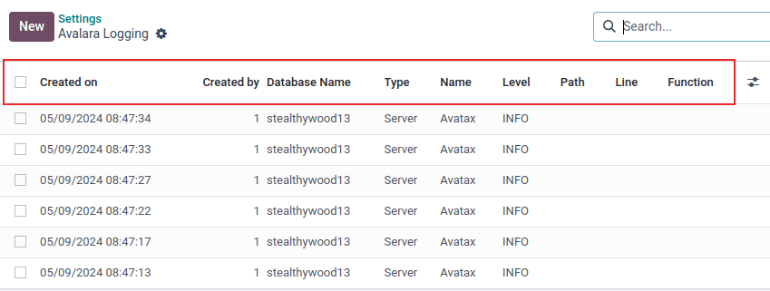 Avalara 日志页面,列表的第一行被高亮显示。