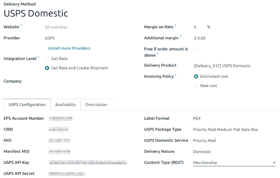 已完全配置的 USPS Domestic 配送方式。