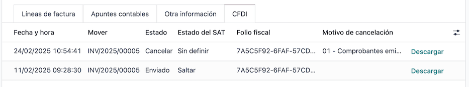 CFDI 标签中已取消的发票行项目。