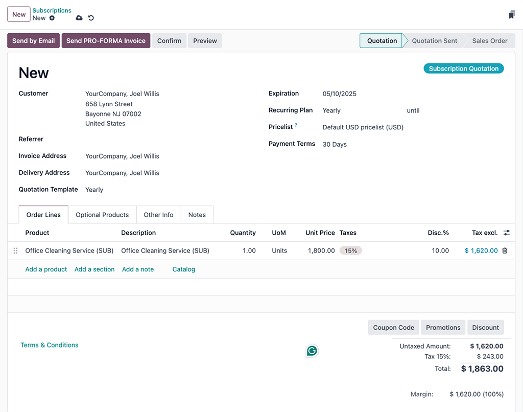Odoo 中新订阅报价单的完整示例。