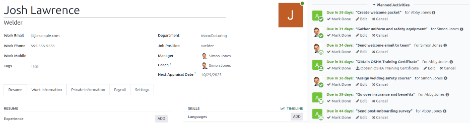 所有安排在讨论记录中的入职任务。
