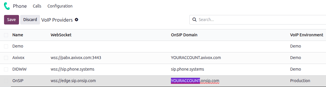 OnSIP 在 *Odoo 电话* 应用中的配置设置。