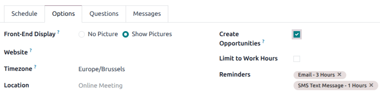 预约类型表单上的选项标签页。