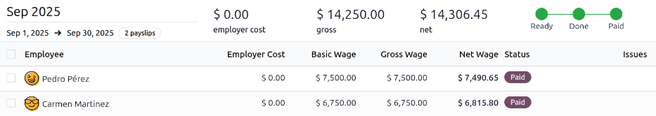 状态为已支付的工资单。