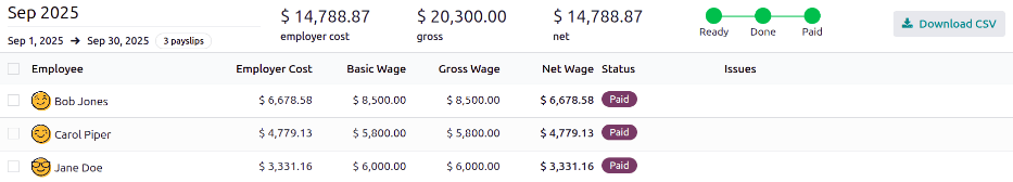 状态为已支付的工资单。