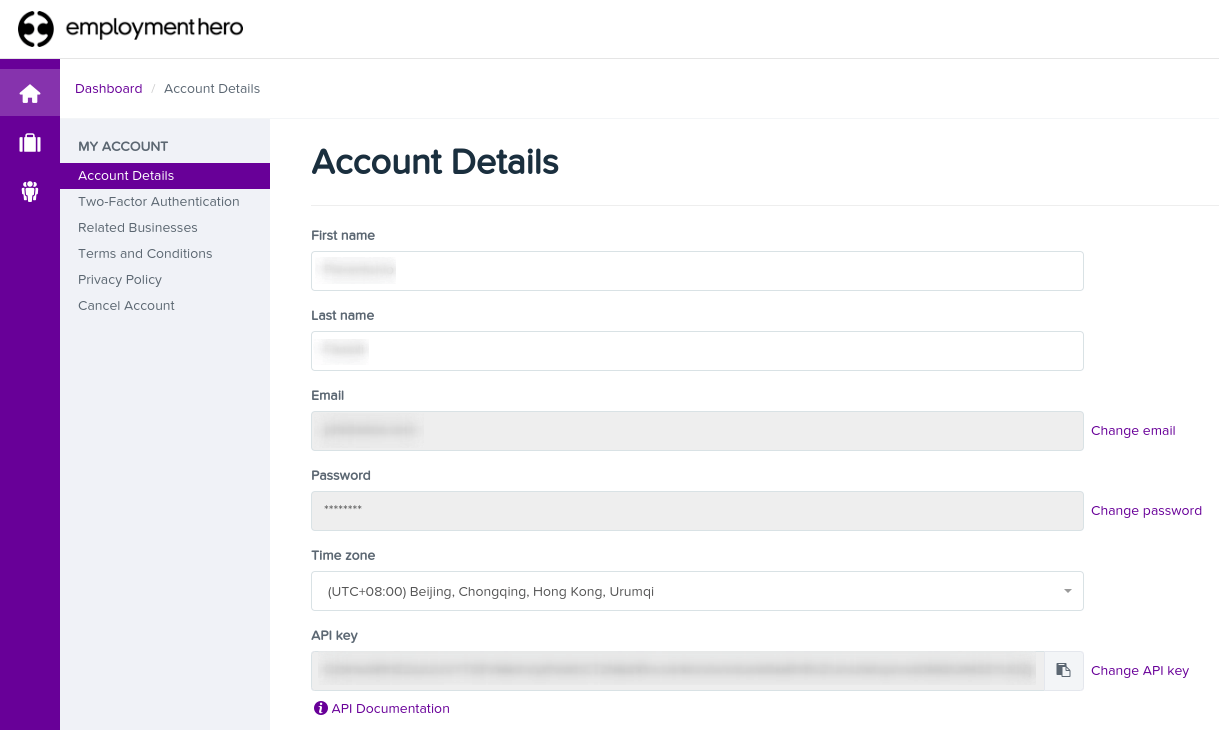 在“我的账户”部分中查找 Employment Hero API 密钥。