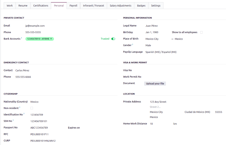 所有个人信息在员工档案中的位置。
