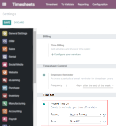 Odoo 工时表中启用记录休假功能的工时表设置视图
