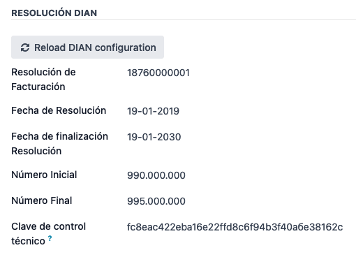 销售日记账中的重新加载 DIAN 配置按钮。