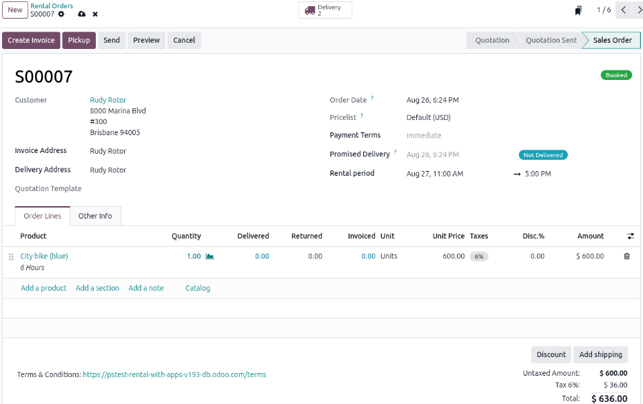 Odoo 租赁应用程序中提供的已填写租赁订单示例。