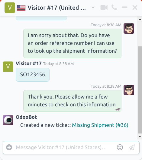 查看 Odoo 实时聊天中创建的帮助台工单的聊天窗口。