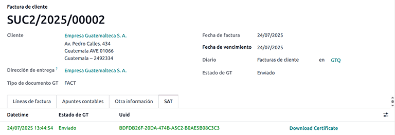 SAT 选项卡中可用的 EDI 文档记录。