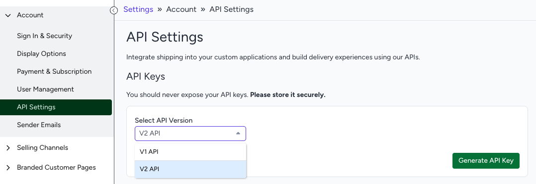 带有生成 API 密钥按钮的 ShipStation API 设置页面。