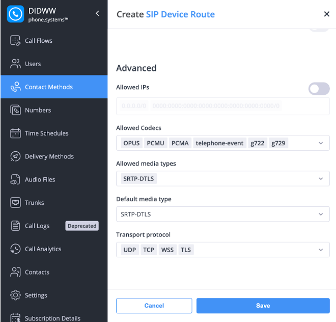 DIDWW 中新联系方式的设置。