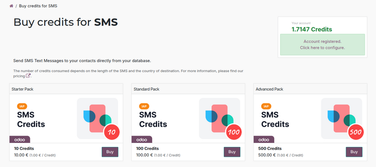 Odoo IAP 门户中的“购买短信积分”页面。