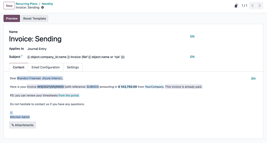 Odoo 中用于向客户发送订阅开票消息的电子邮件模板。