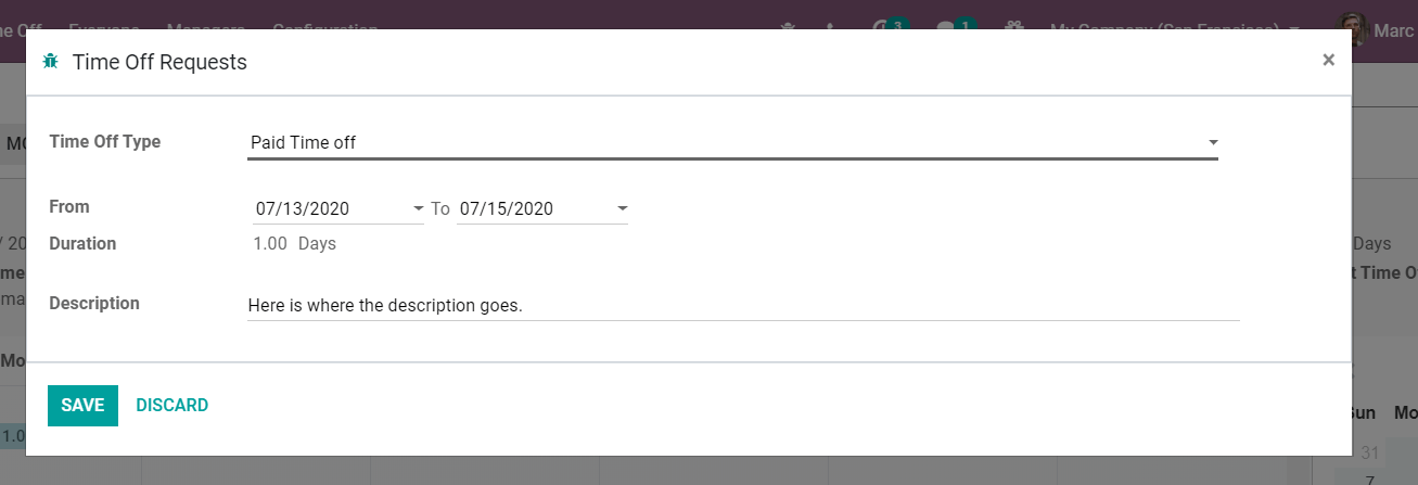 Odoo 休假模块中的休假申请表单视图