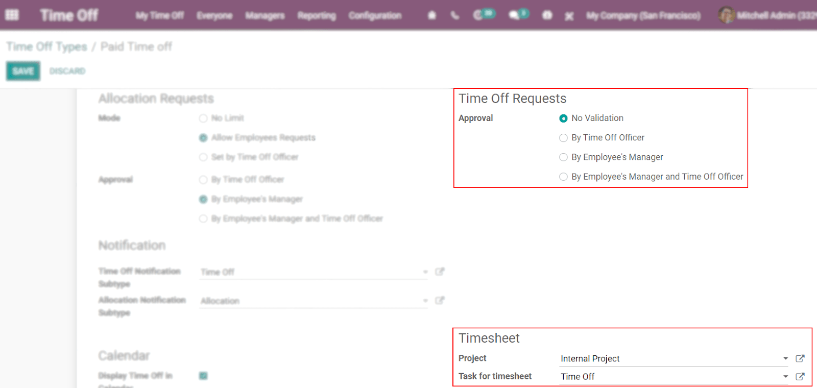 Odoo 休假模块中强调休假申请和工时表部分的休假类型表单视图