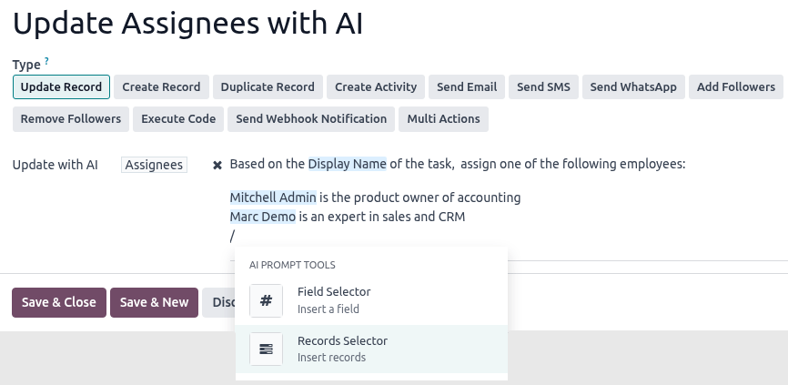 使用 AI 更新记录的示例